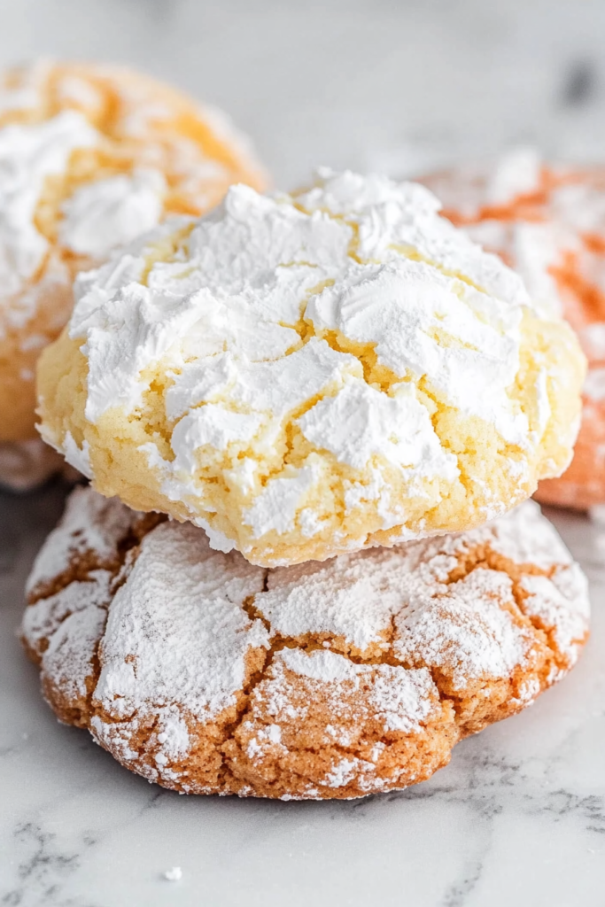 Freshly baked cookies with light cracks and sugar coating on a marble surface.