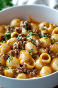 Hearty bowl of cheesy beef pasta shells served warm on a rustic wooden table