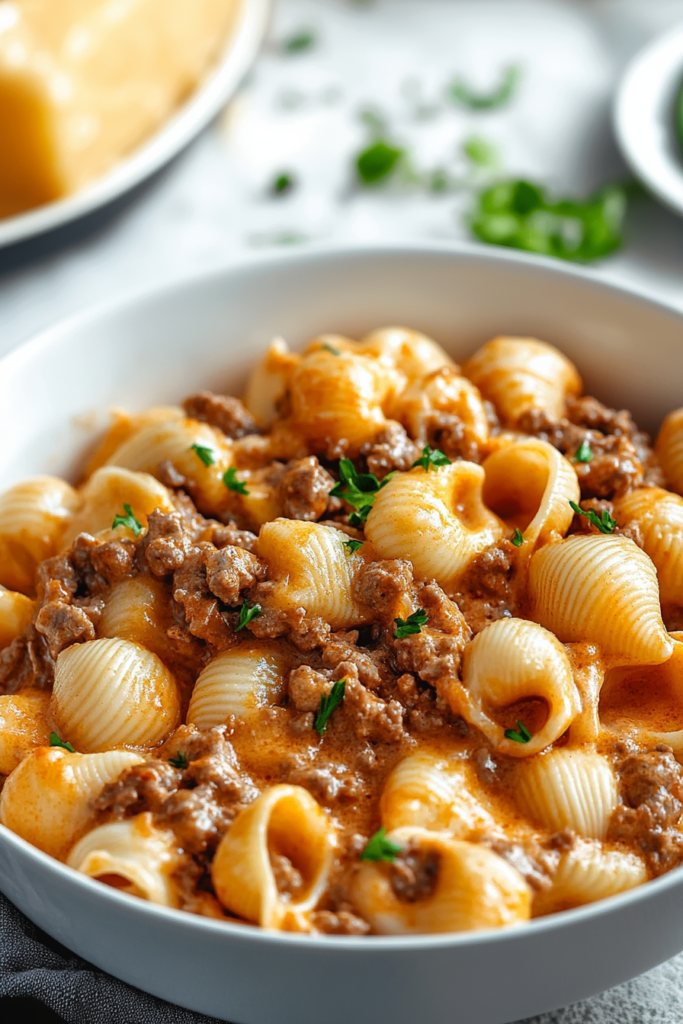 Final plated shot of Easy Creamy Beef and Shells Recipe topped with fresh herbs