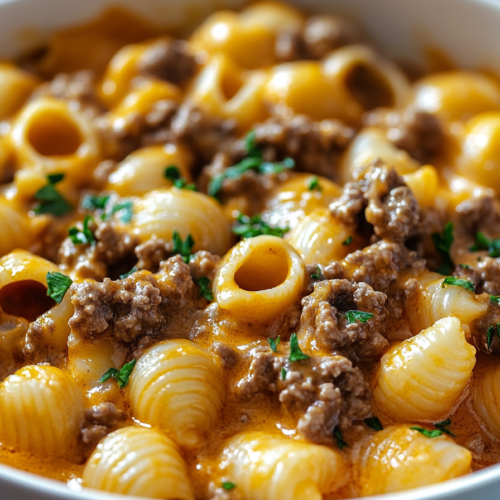 Close-up of pasta shells coated in creamy orange sauce with ground beef and parsley garnish