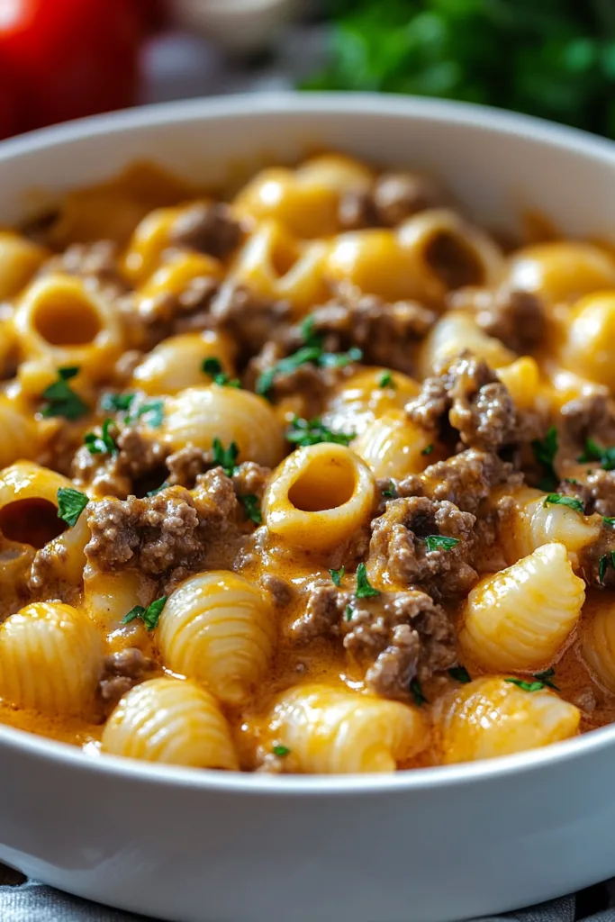 Close-up of pasta shells coated in creamy orange sauce with ground beef and parsley garnish