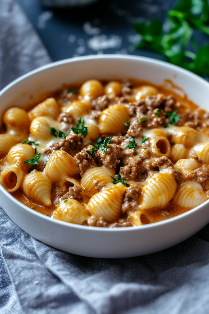 Comfort food scene featuring creamy pasta shells mixed with seasoned beef in a white bowl