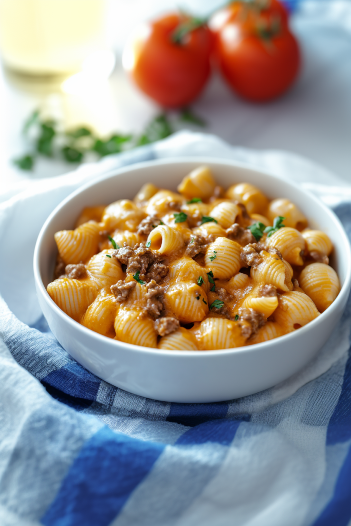 Rich, saucy beef and shell pasta photographed from above with vibrant colors and textures