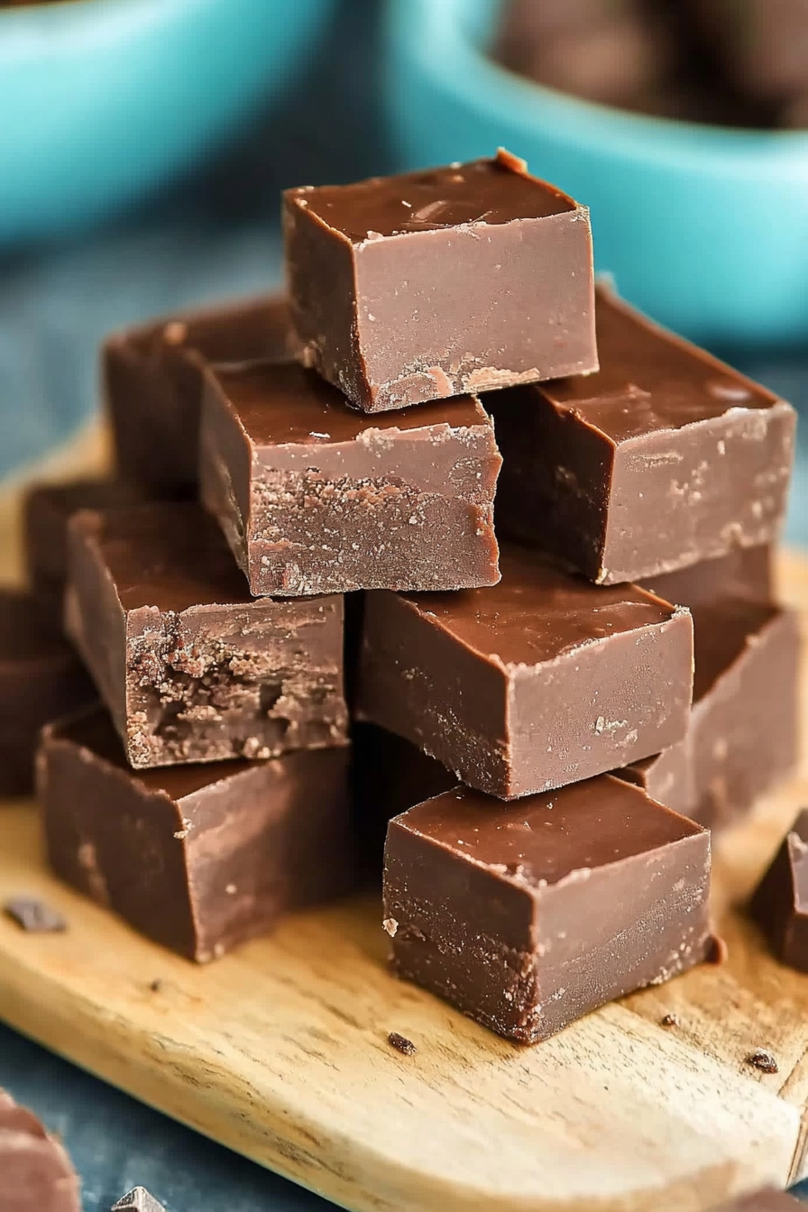 Plated serving of fudge cubes with a pop of color from turquoise bowls in the background