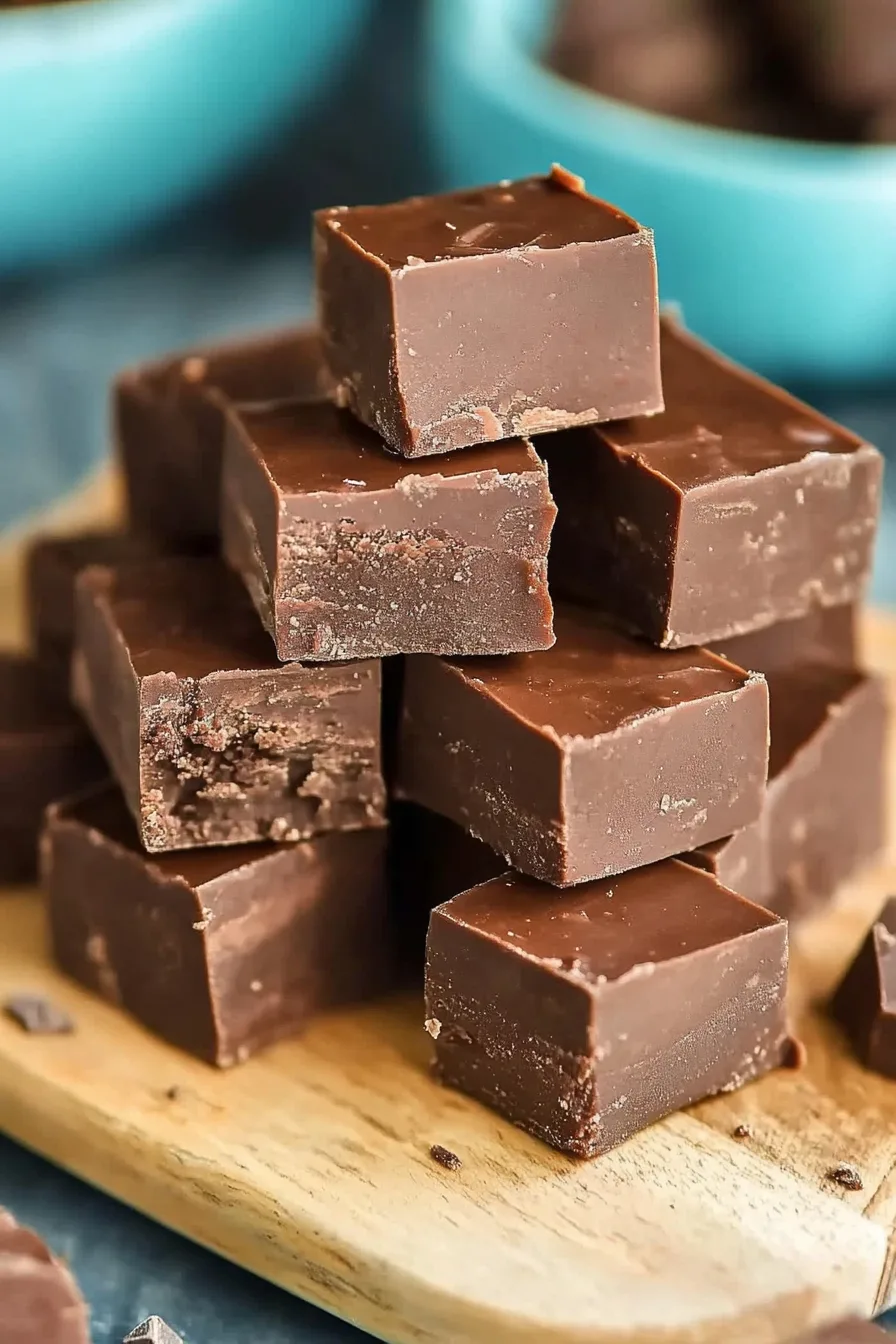 Plated serving of fudge cubes with a pop of color from turquoise bowls in the background