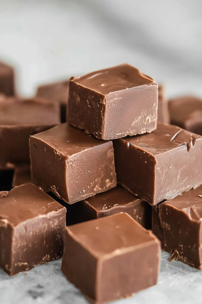 Close-up of rich, dense fudge pieces showing smooth tops and textured sides