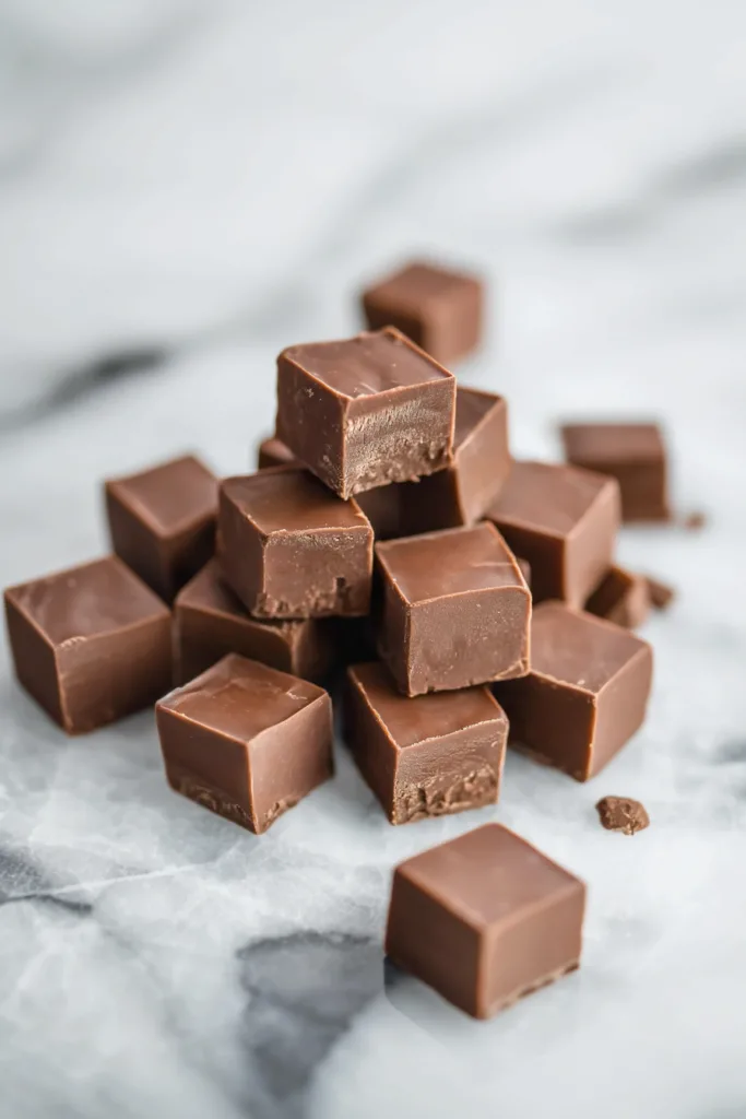 Final presentation of Easy Fudge Recipe with perfectly cut squares ready to enjoy