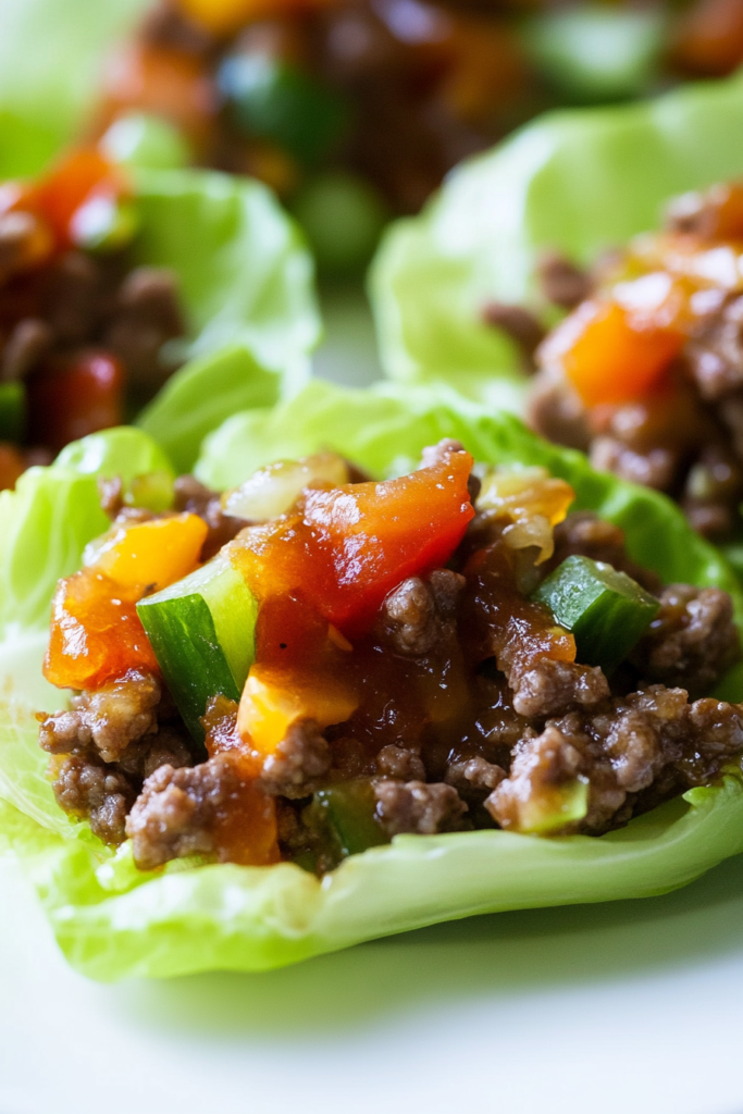 Close-up of savory beef mixture in fresh lettuce leaves.
