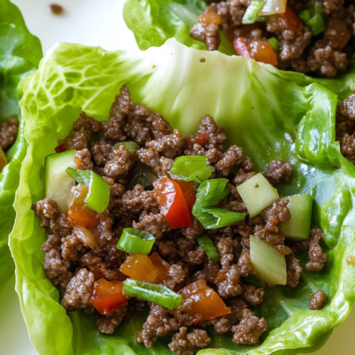 Healthy lettuce wraps topped with saucy ground beef and peppers.