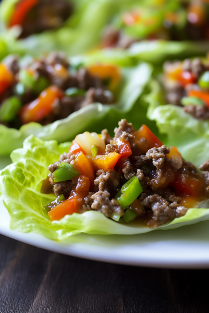 Low-carb lettuce wraps filled with seasoned minced beef.