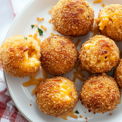 Crispy breaded snack arranged on a white plate with rustic checkered cloth underneath.