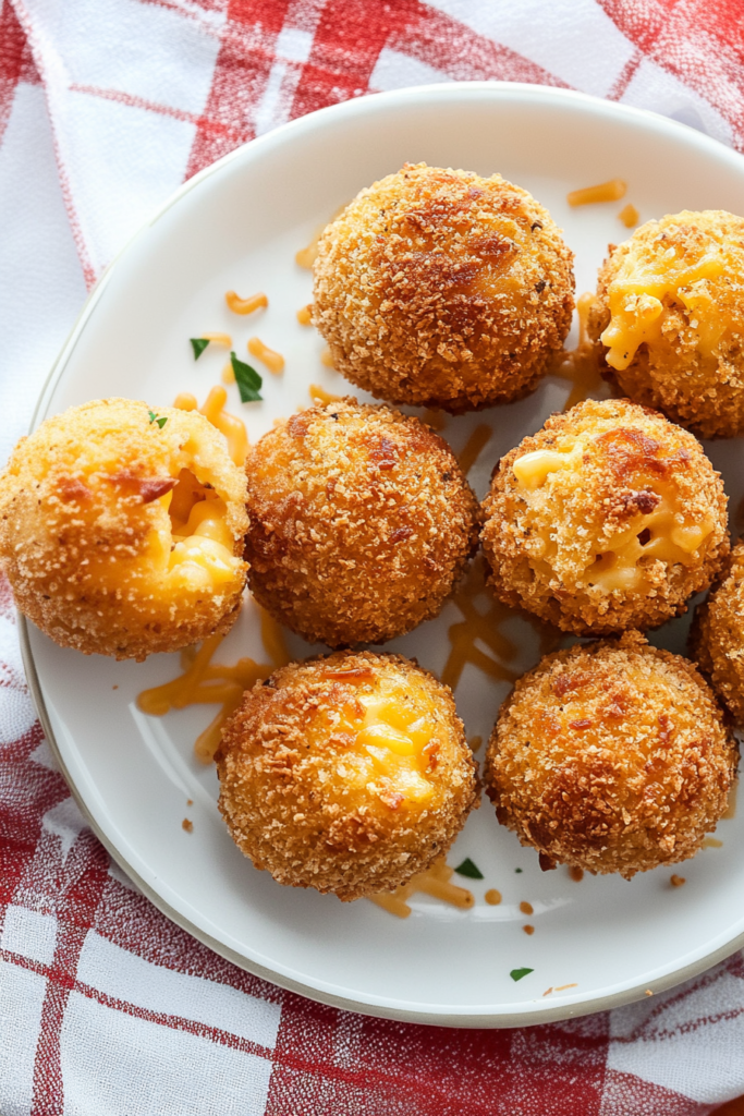 Crispy breaded snack arranged on a white plate with rustic checkered cloth underneath.
