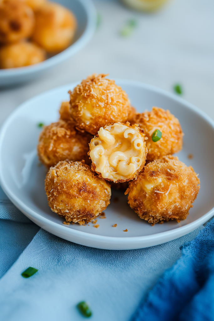 Golden-brown fried balls with creamy macaroni and cheese filling, cracked open to show the inside.