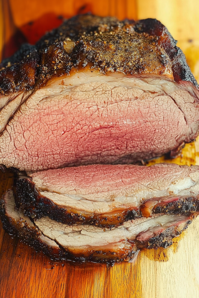 Close-up of tender, pink beef slices showing a browned, flavorful exterior.