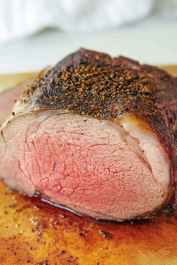 Carved roast resting on a board with a smoky crust and moist center.