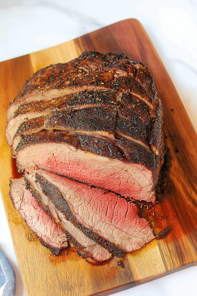 Thick slices of roasted beef highlighting the contrast between crust and rosy interior.