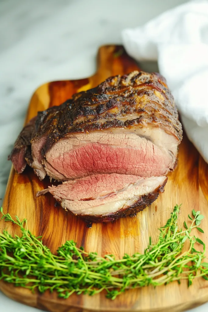 Sliced medium-rare roast beef with a crisp seasoned crust on a cutting board.