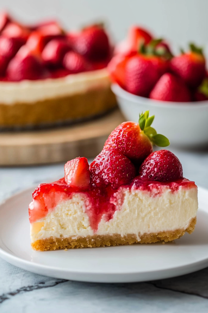 Creamy cheesecake topped with fresh sliced strawberries