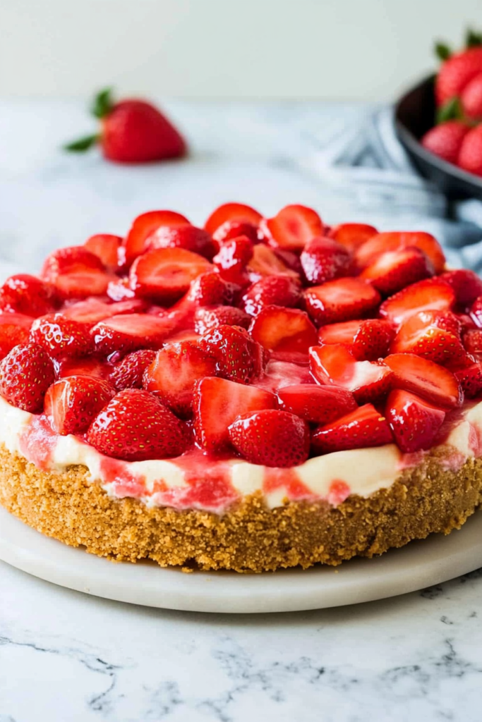 Round cheesecake with thick strawberry layer on top