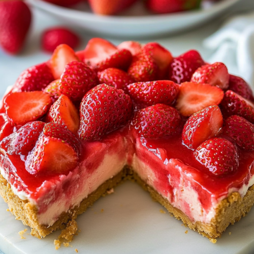 Close-up of a chilled cheesecake with glossy strawberry topping