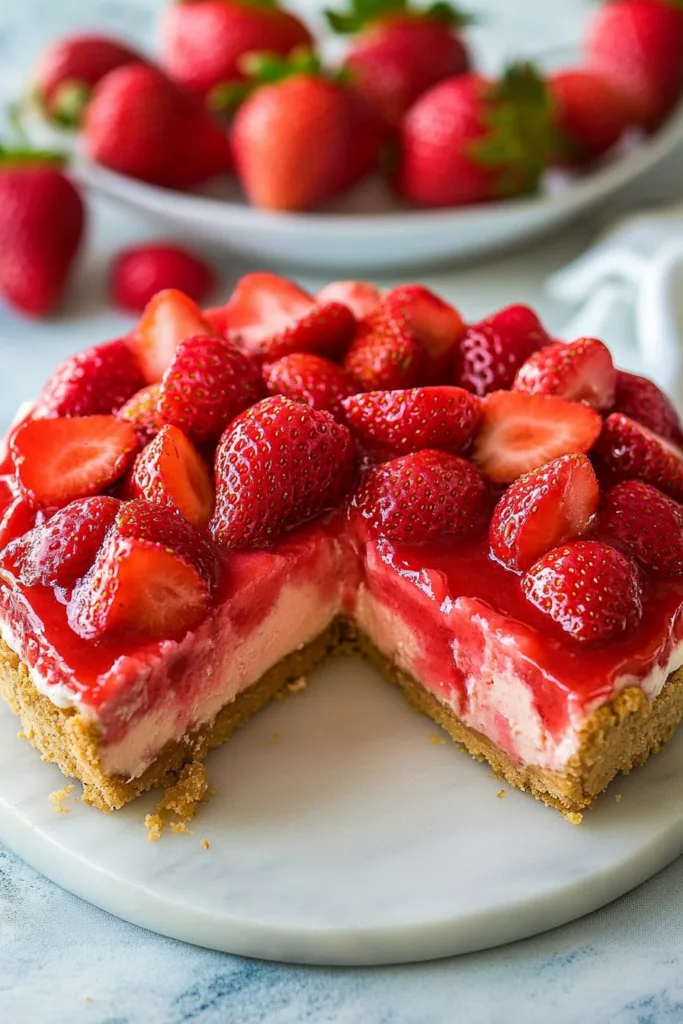Close-up of a chilled cheesecake with glossy strawberry topping