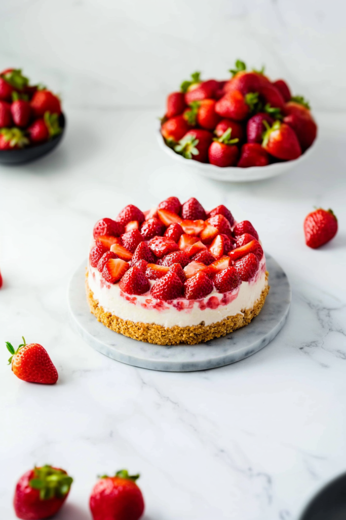 Homemade cheesecake covered with juicy red strawberries
