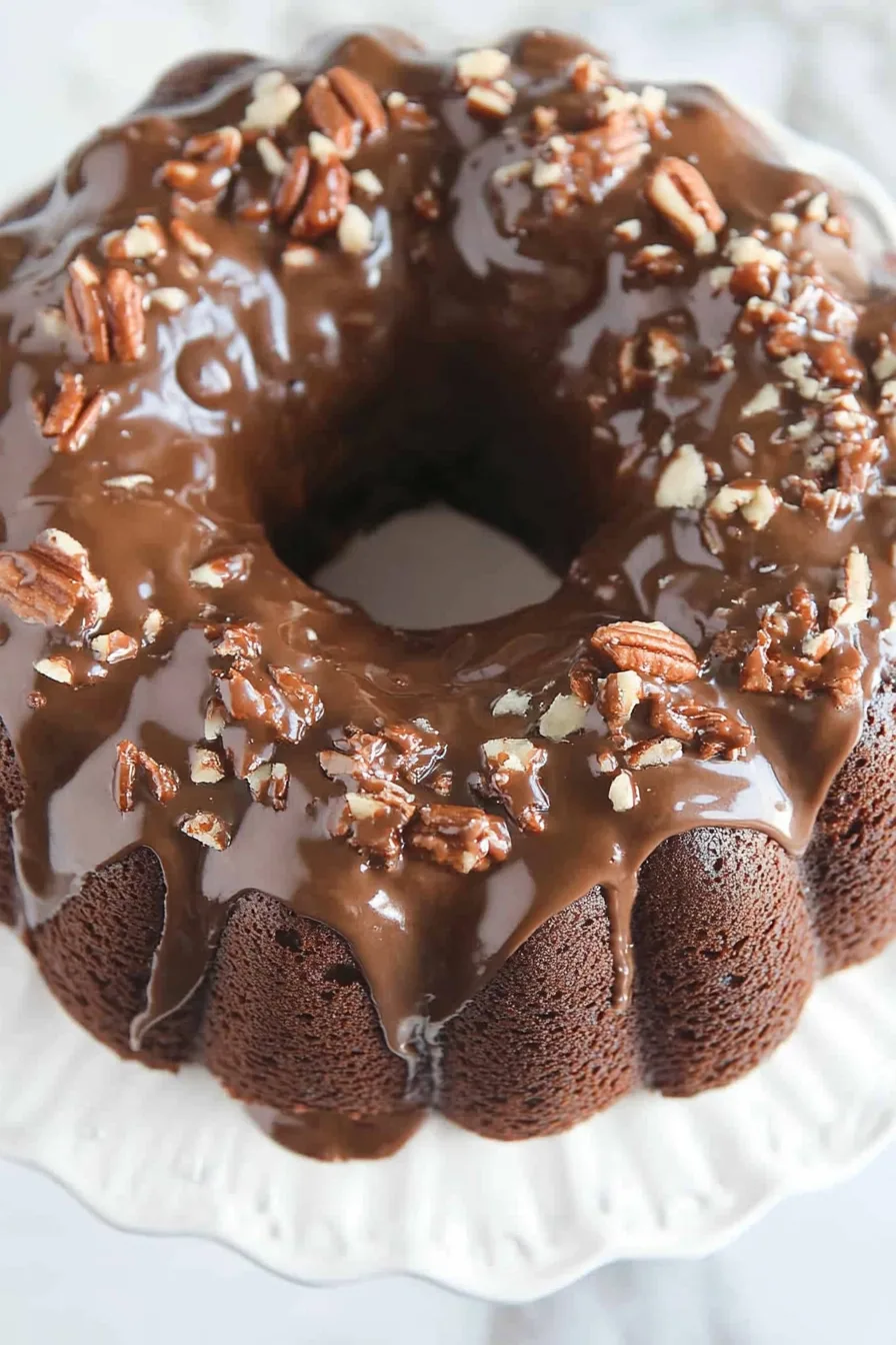 Easy Texas Sheet Cake Bundt topped with nuts and drizzled with chocolate glaze
