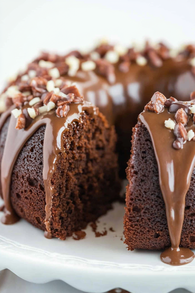 Close-up of chocolate glaze dripping down a bundt cake with crunchy pecan garnish