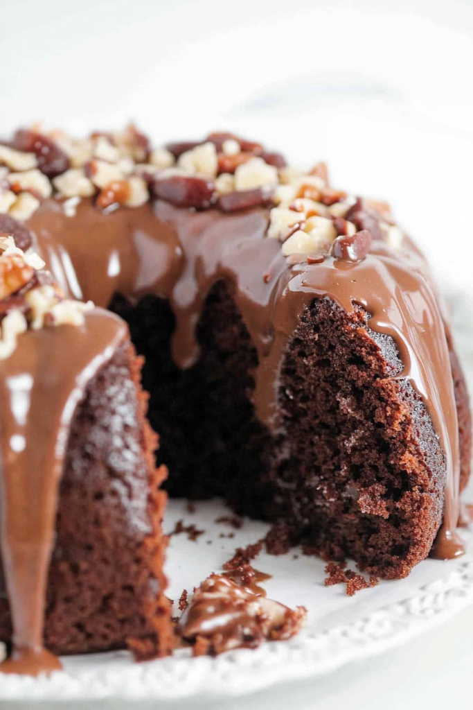 Slice of rich chocolate bundt cake showing moist interior and shiny frosting