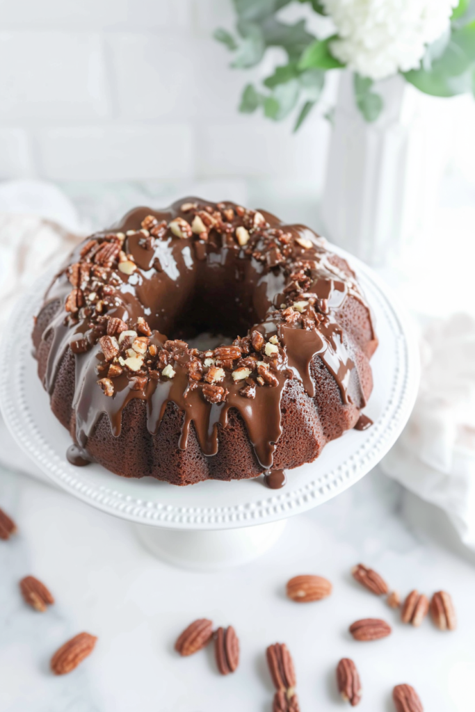 Final presentation of Easy Texas Sheet Cake Bundt on a serving platter, ready to slice