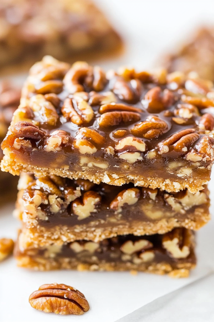 Close-up of sliced pecan dessert bars showing layers of crust and nut filling
