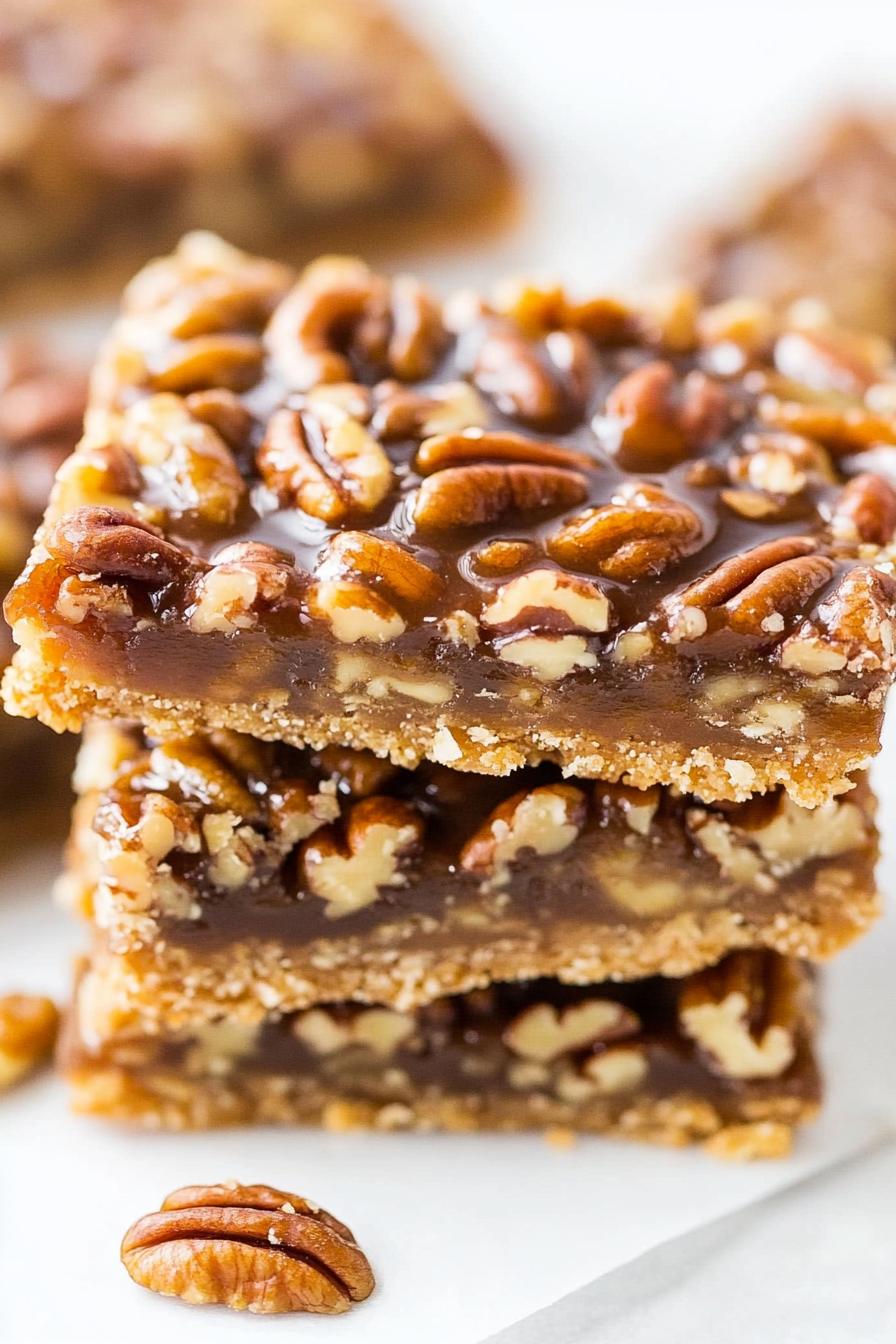 Close-up of sliced pecan dessert bars showing layers of crust and nut filling