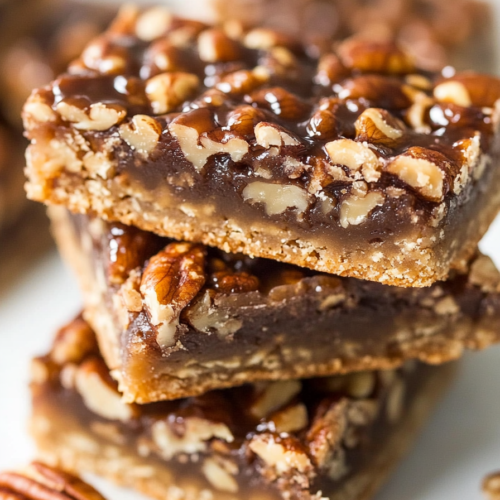 Stacked pecan bars with glossy caramel filling and crunchy nut topping