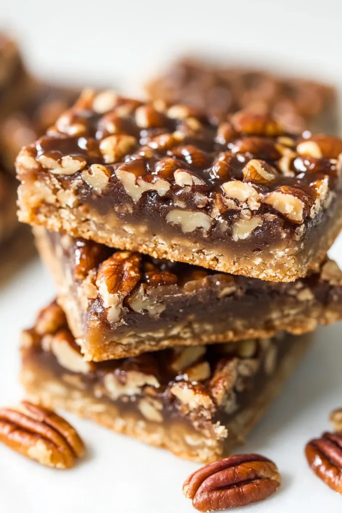 Stacked pecan bars with glossy caramel filling and crunchy nut topping