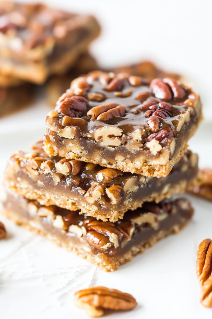 Finished pecan bars with rich caramel texture and crisp base