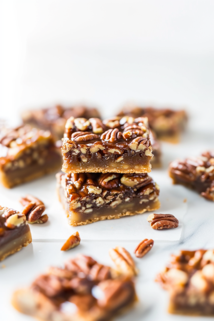 Vegan pecan bars cut into squares with toasted pecans on top
