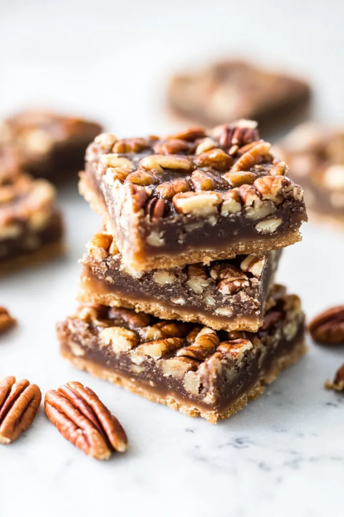 Homemade nut bars with a golden crust and sticky pecan topping