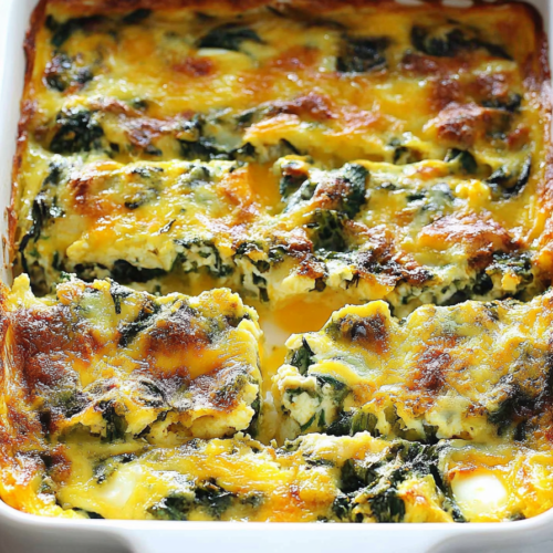 Close-up of a sliced breakfast casserole showing layers of eggs, greens, and cheese