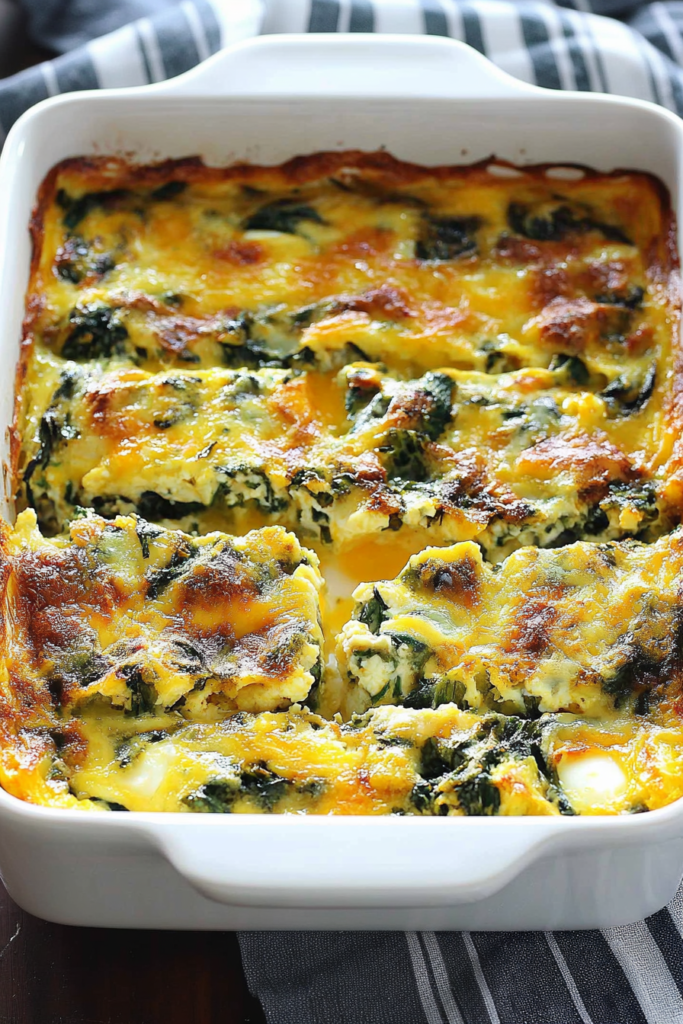 Close-up of a sliced breakfast casserole showing layers of eggs, greens, and cheese