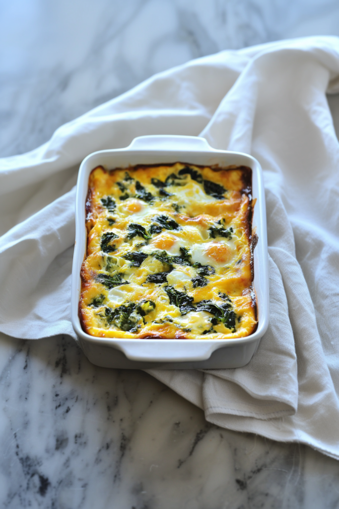 Square portion of a cheesy egg bake with leafy greens and a lightly browned top