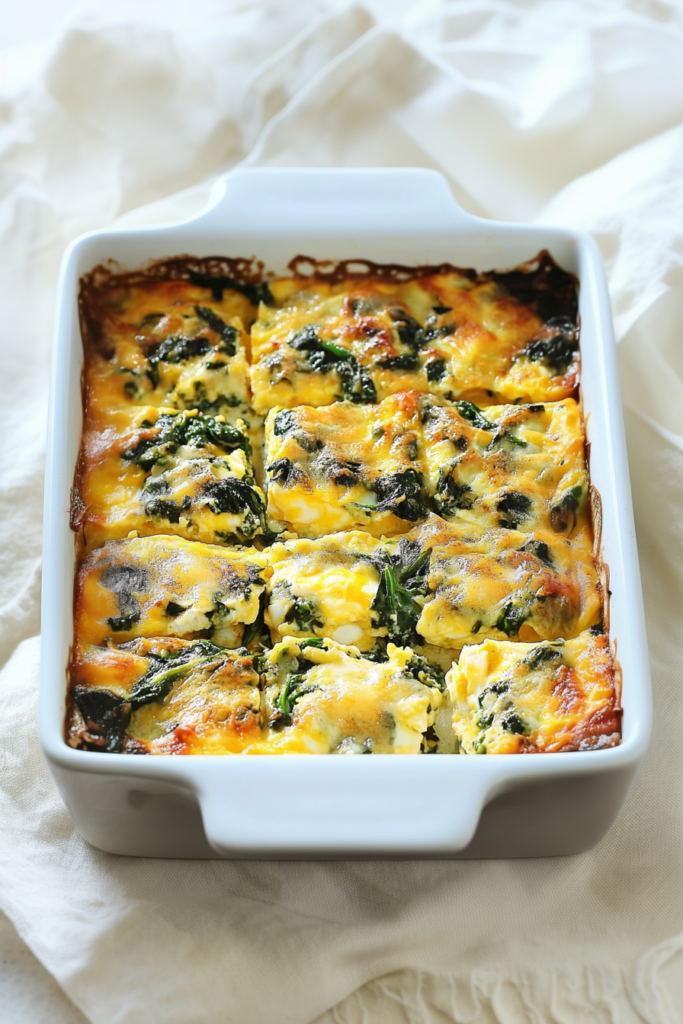 Freshly baked egg dish with spinach and a soft, custardy texture inside