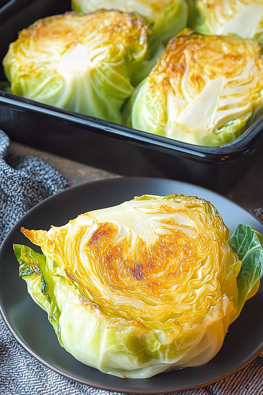 Roasted cabbage wedge with a browned, buttery surface served on a dark plate.