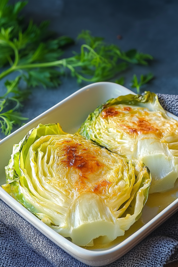 Sliced, baked cabbage portion showing golden, crisp top and moist interior.