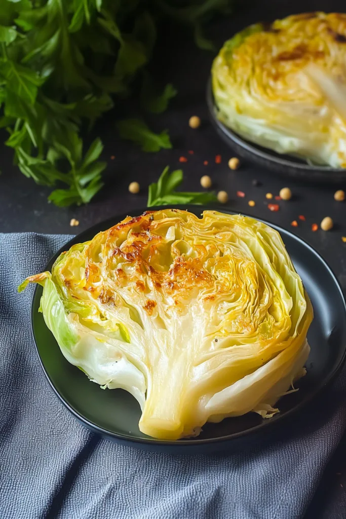 Cabbage slice with lightly browned cheese and sauce on a matte black dish.