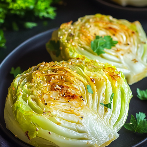 Overhead shot of a cabbage wedge plated with herbs and seasonings scattered nearby.