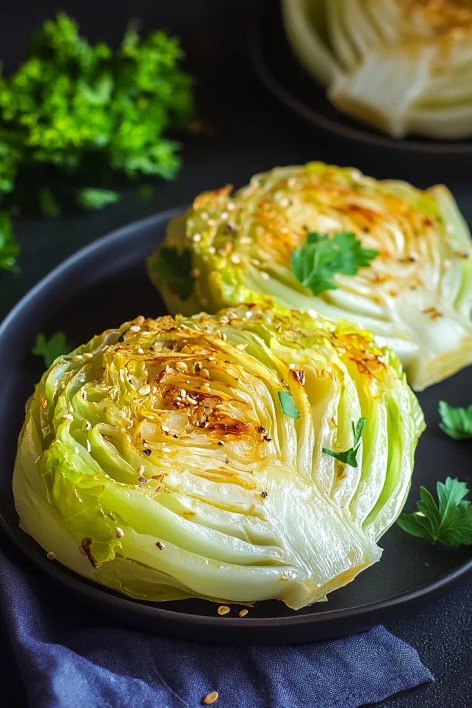 Overhead shot of a cabbage wedge plated with herbs and seasonings scattered nearby.