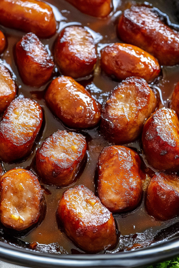 Sticky baked sausage pieces resting in a pool of barbecue glaze.