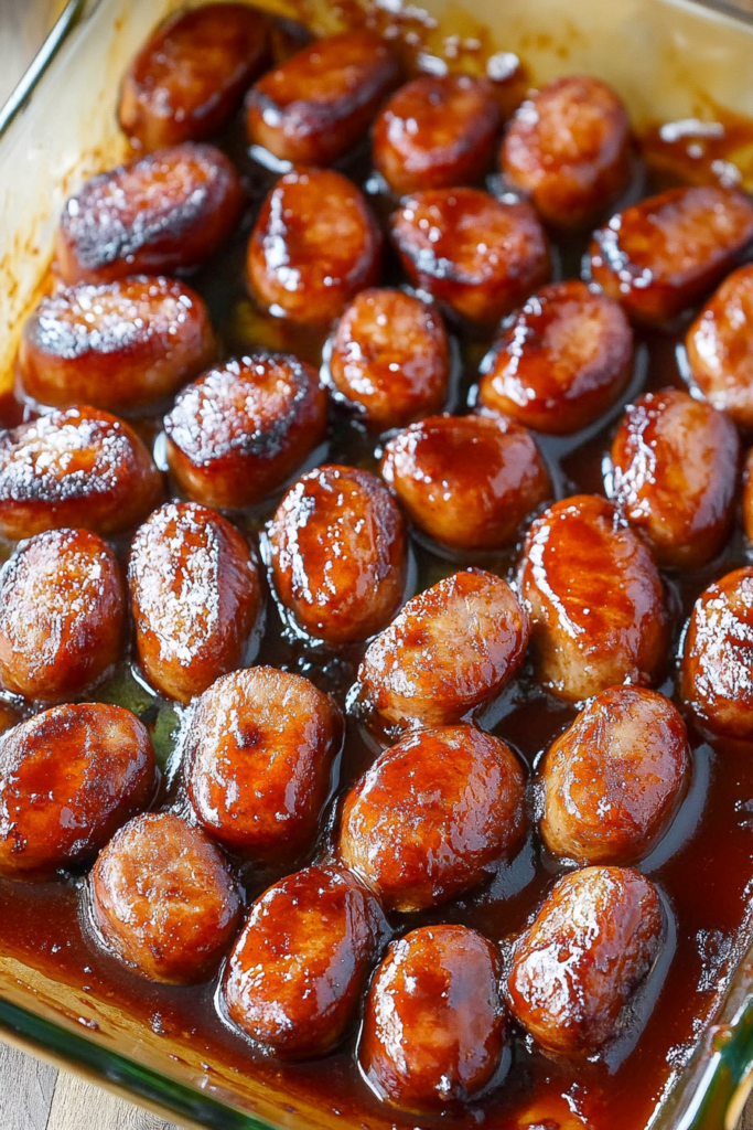 Baked sausage bites glazed with rich, caramelized barbecue sauce.
