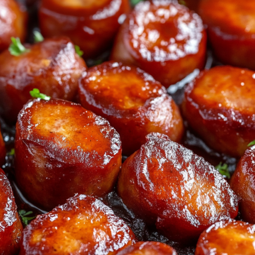 Close-up of browned sausage pieces simmering in thick sauce.