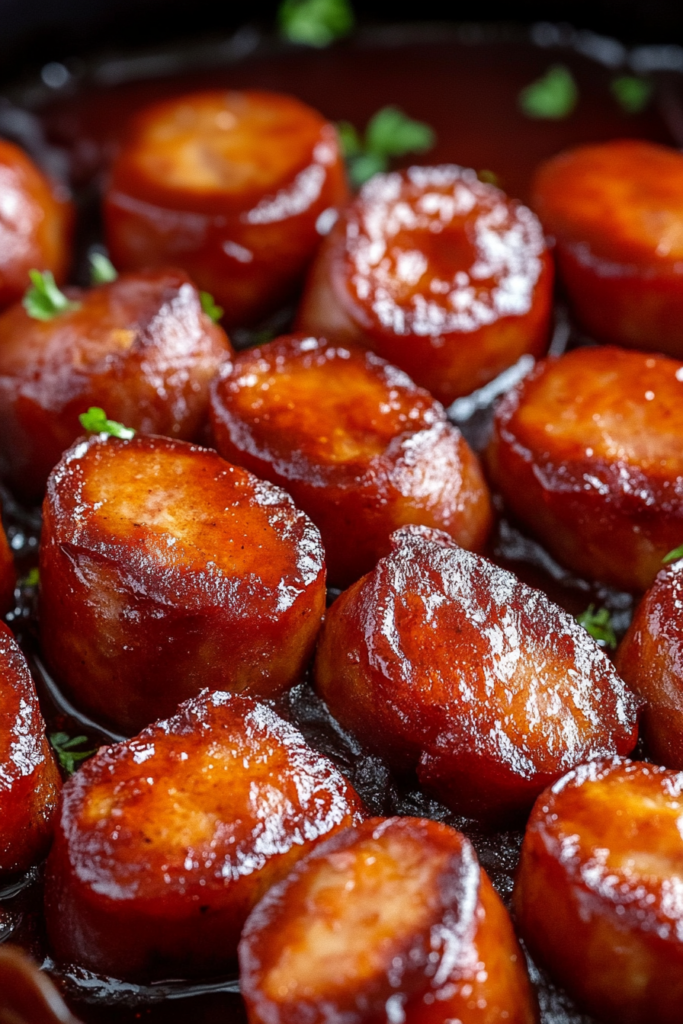 Close-up of browned sausage pieces simmering in thick sauce.